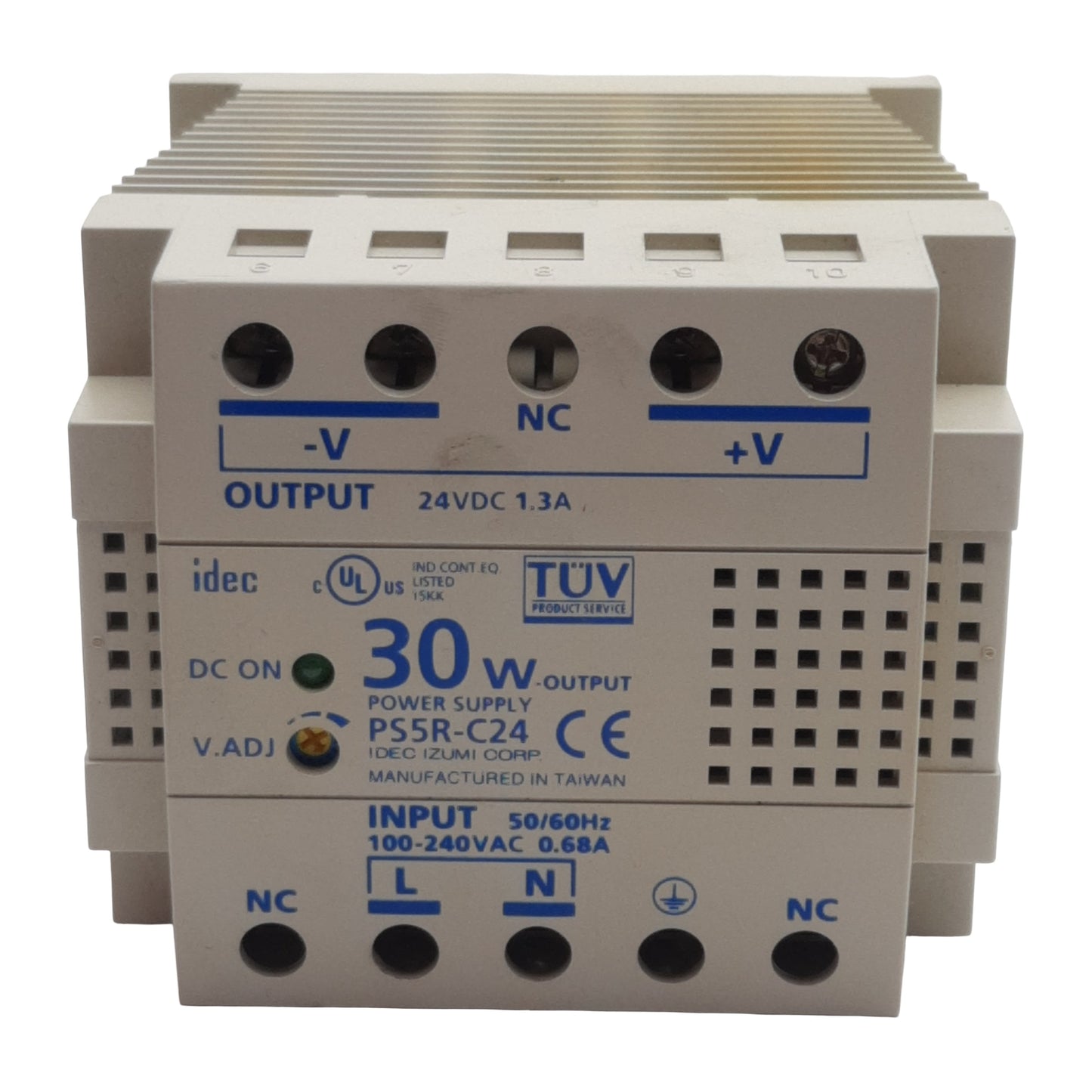 Used Idec PS5R-C24 Power Supply, 100-240VAC In, 1.3A 24VDC 30W Out, DIN Rail