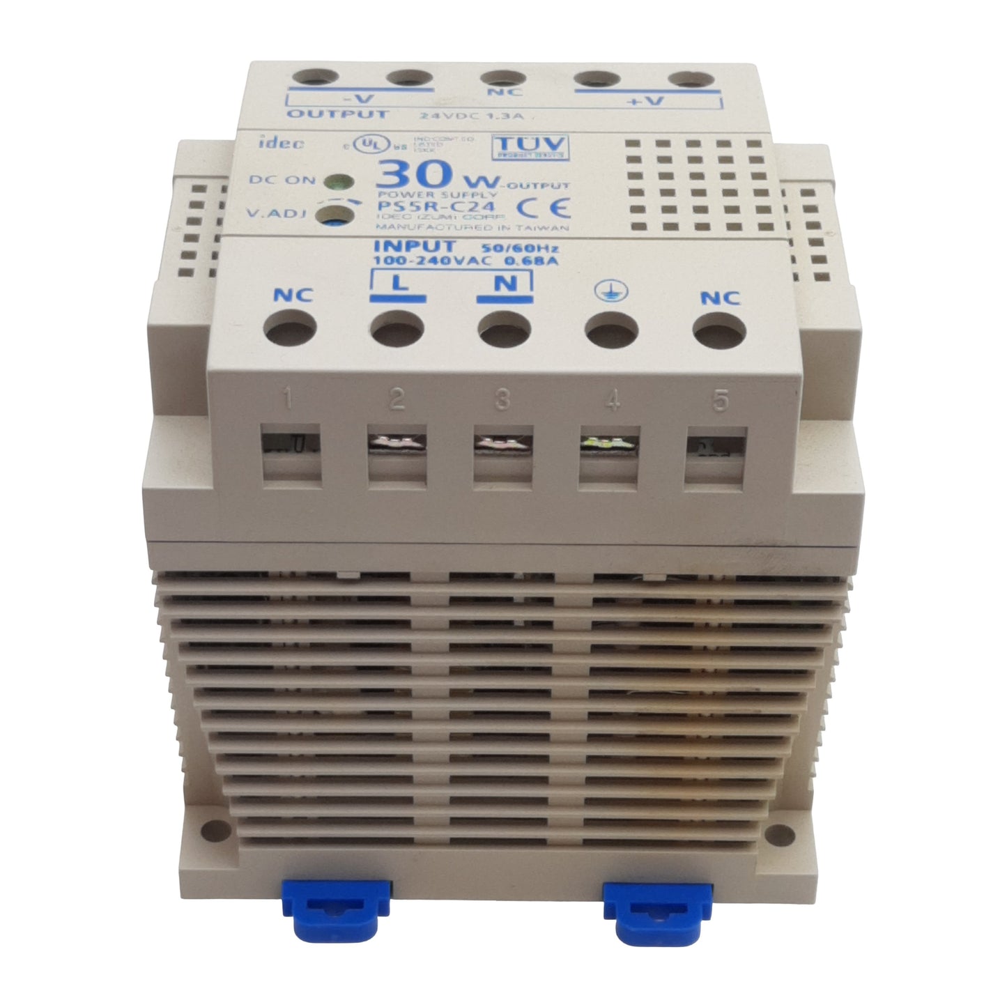 Used Idec PS5R-C24 Power Supply, 100-240VAC In, 1.3A 24VDC 30W Out, DIN Rail