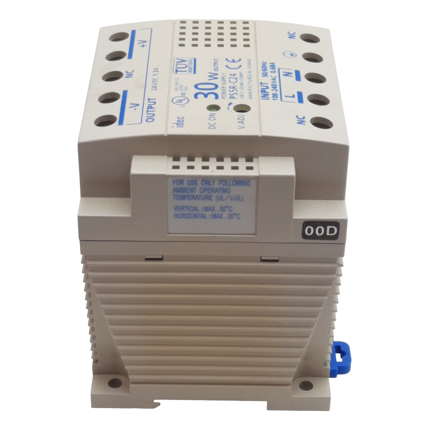 Used Idec PS5R-C24 Power Supply, 100-240VAC In, 1.3A 24VDC 30W Out, DIN Rail