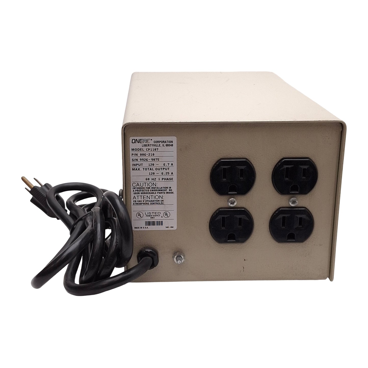 Used ONEAC CP1107 006-210 Power Conditioner, 4-Port, 750VA Load, 120VAC, NEMA 5-15