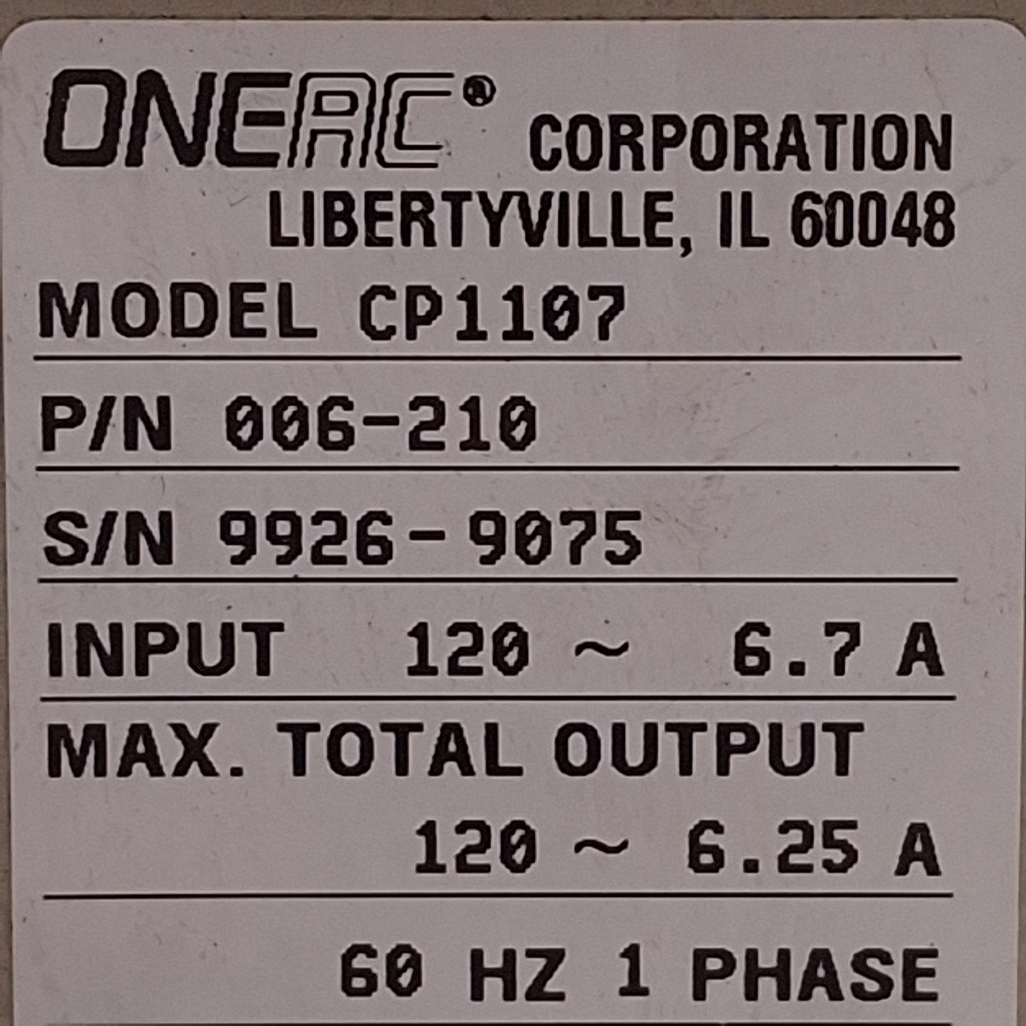 Used ONEAC CP1107 006-210 Power Conditioner, 4-Port, 750VA Load, 120VAC, NEMA 5-15