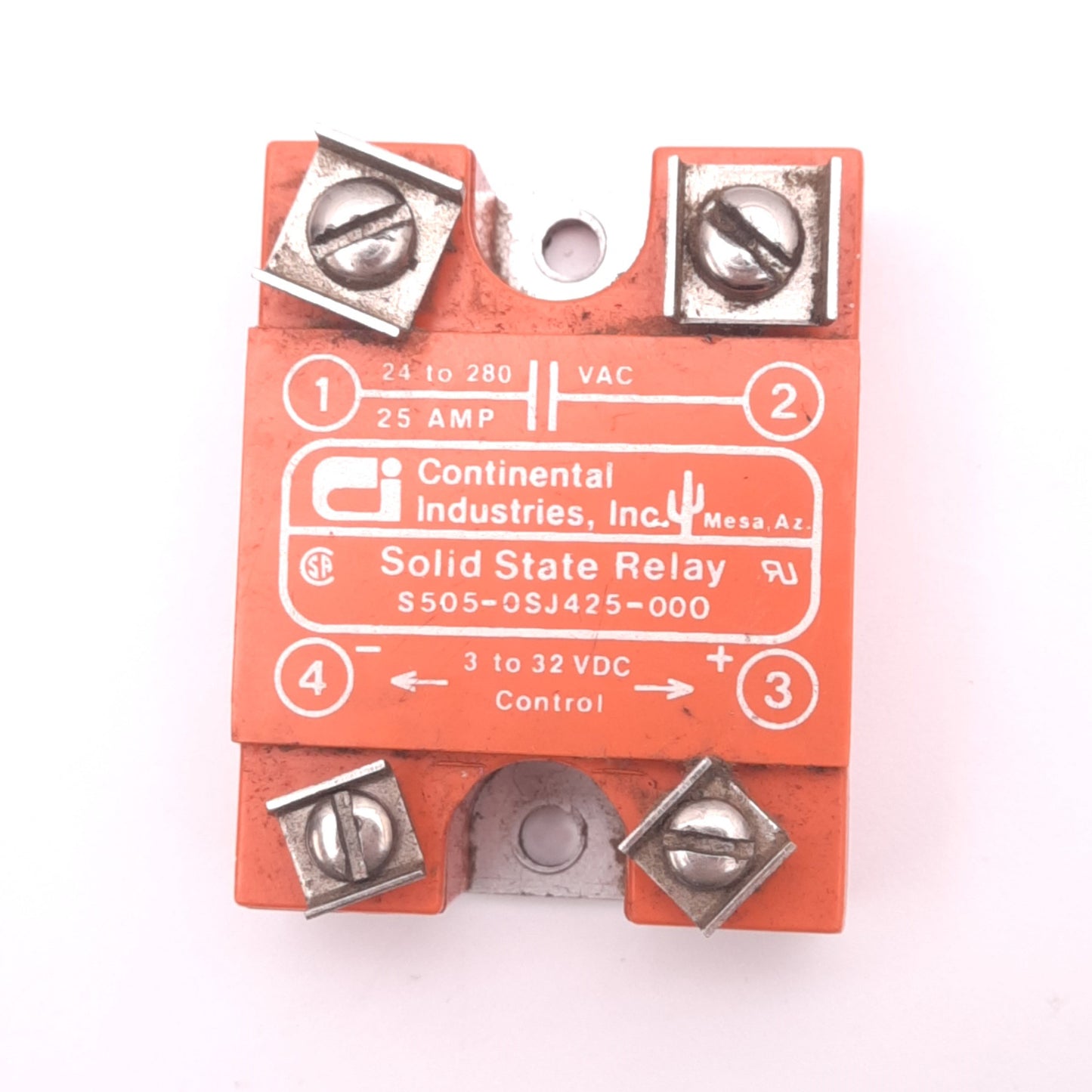 Used Continental S505-0SJ425-000 Solid State Relay, 24-280VAC 25A, 3-32VDC Control