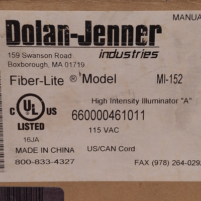 New Dolan Jenner MI-152 Fiber-Lite Fiber Optic Illuminator, 150W, ø1in Port, 115VAC