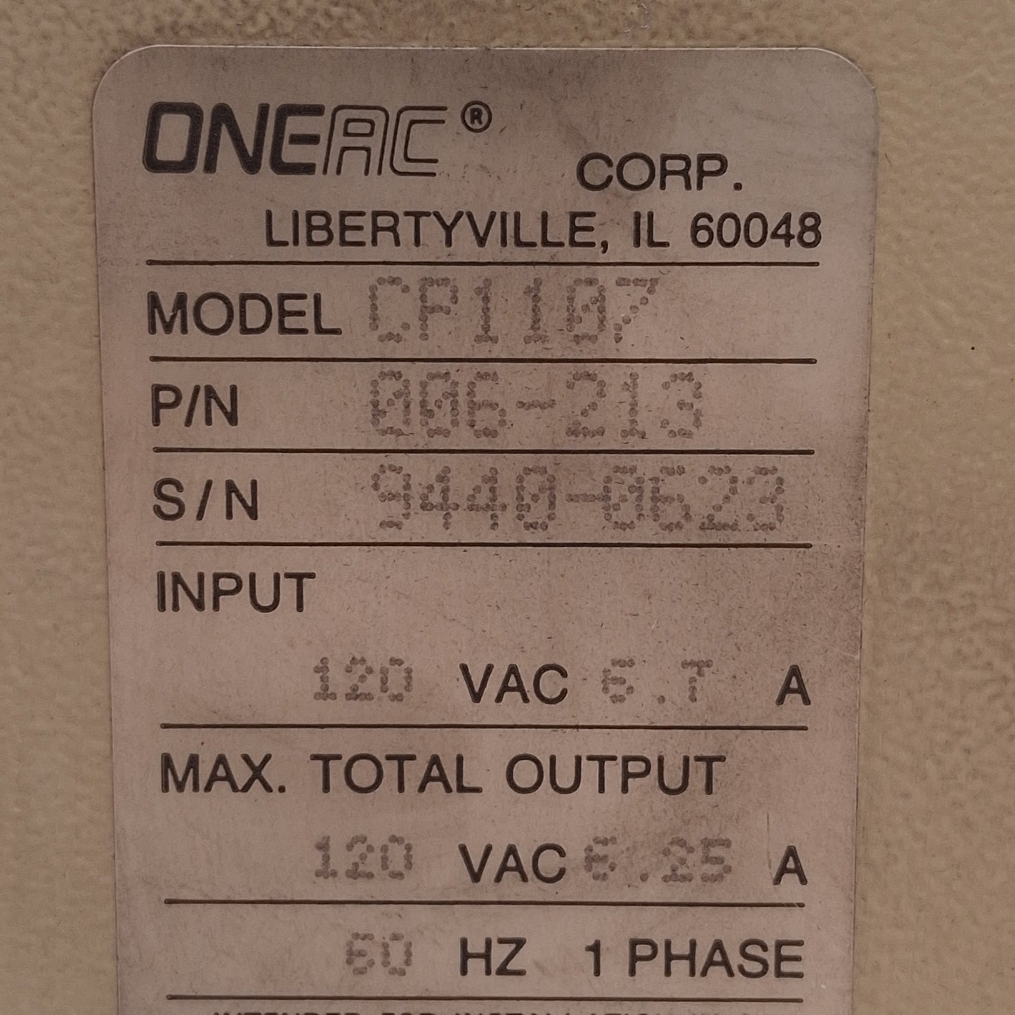 Used ONEAC CP1107 006-213 Power Conditioner, 4-Port, 750VA Load, 120VAC, NEMA 5-15R