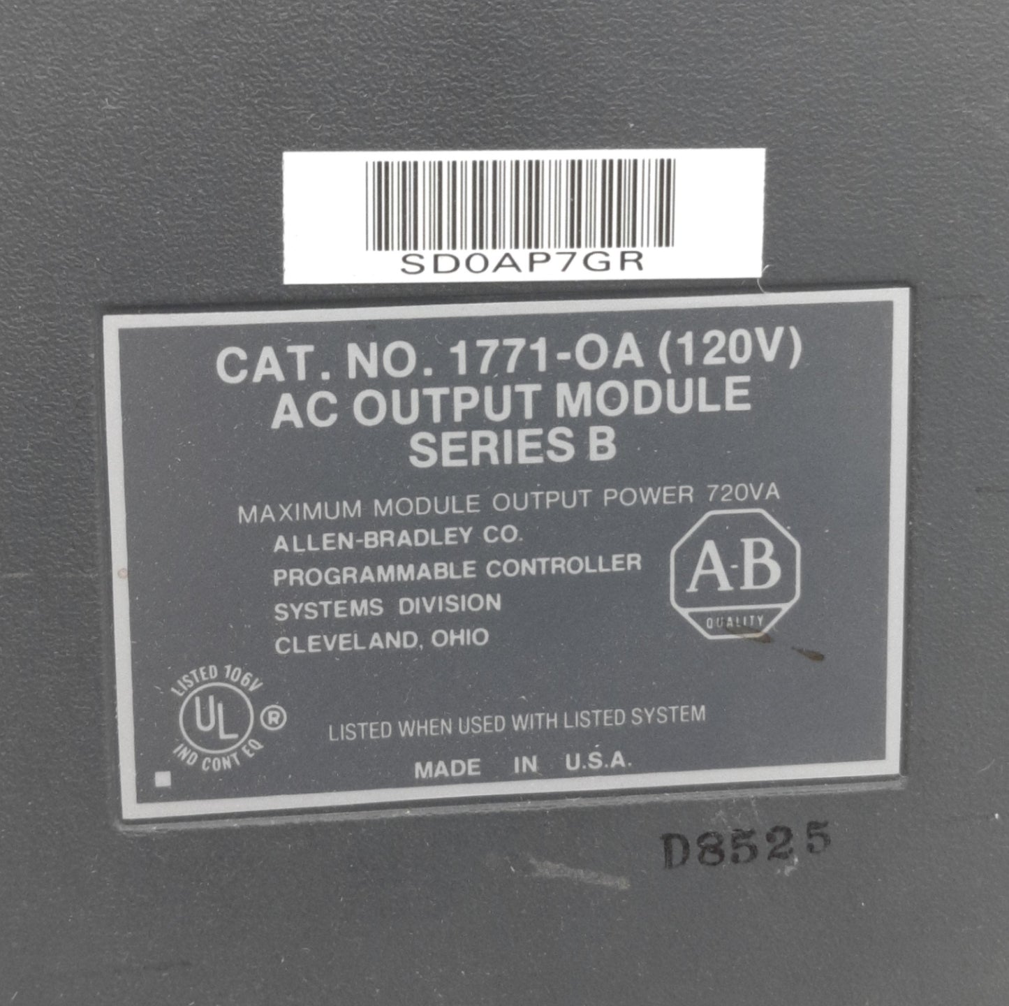 Used Allen Bradley 1771-OA AC Output I/O Module, 8 Points Digital, 120VAC