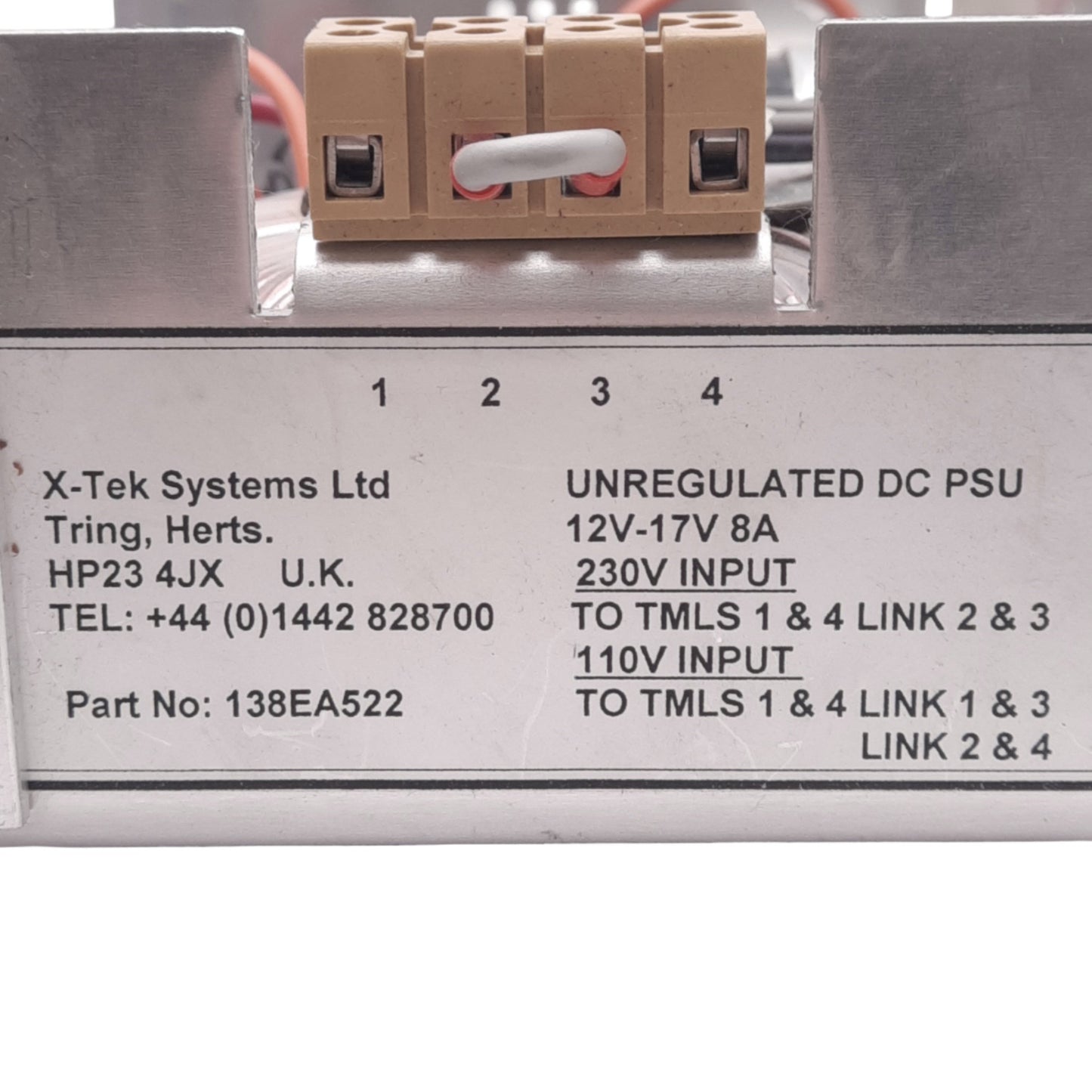 Used X-Tek 138EA522 Unregulated Power Supply, 110/230VAC In, 12-17VDC 8A Out