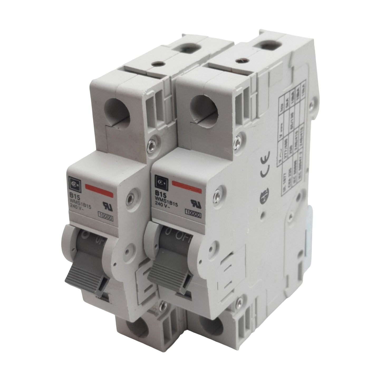 Used Lot of 2 Cutler-Hammer WMS1B15 Circuit Breaker, 1-Pole, 15A 240/415VAC, DIN Rail