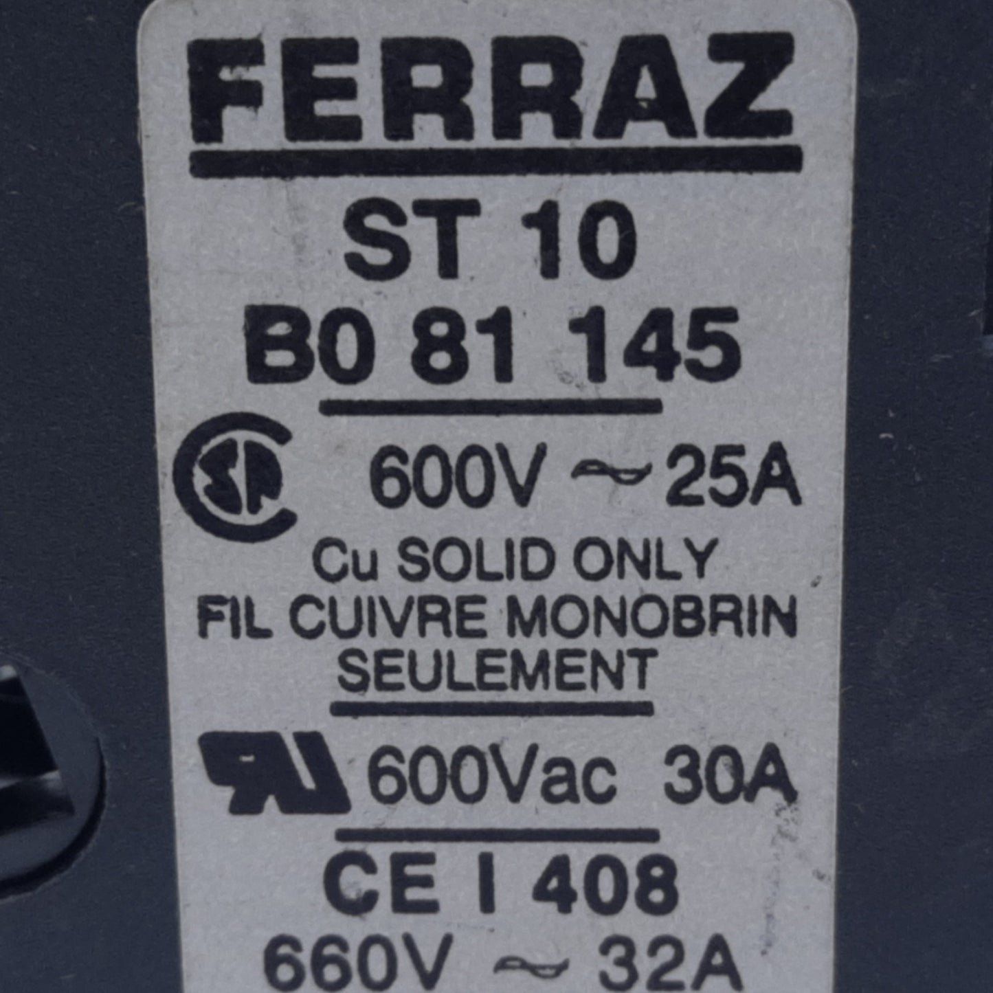 Used Lot of 3 Ferraz B0 81 145 ST 10 Fuse Holder, 10.3mmx38mm Fuse, 1 Pole, 25A 600V