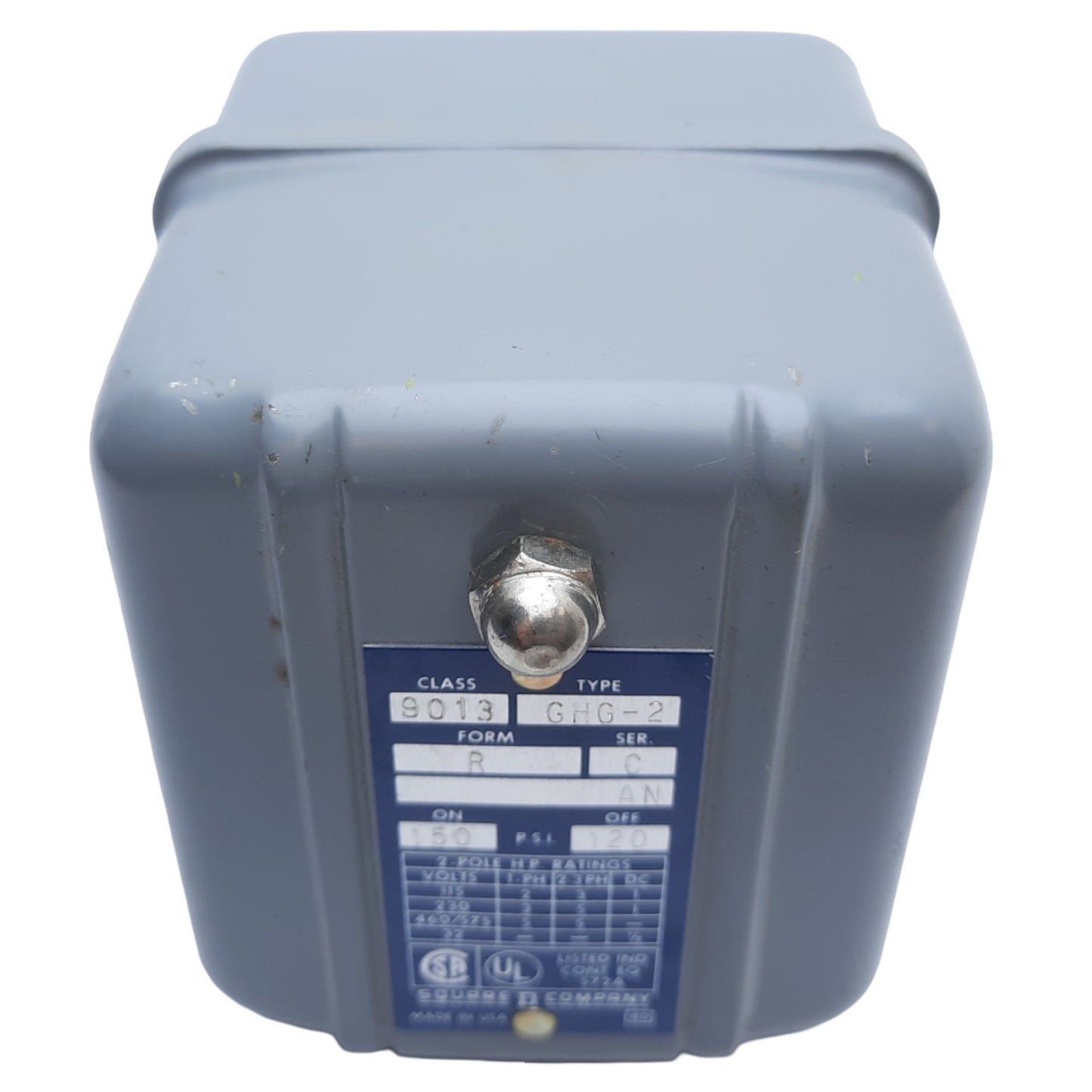 Used Square D 9013GHG2 Pressure Switch, 2 Poles, 1/4" NPT, 120-150 PSI, 10A 230V AC