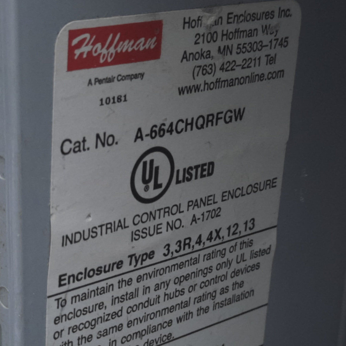 Used Hoffman A-664CHQRFGW Window Cover Type 4X Enclosure, Size 6" x 6" x 4"