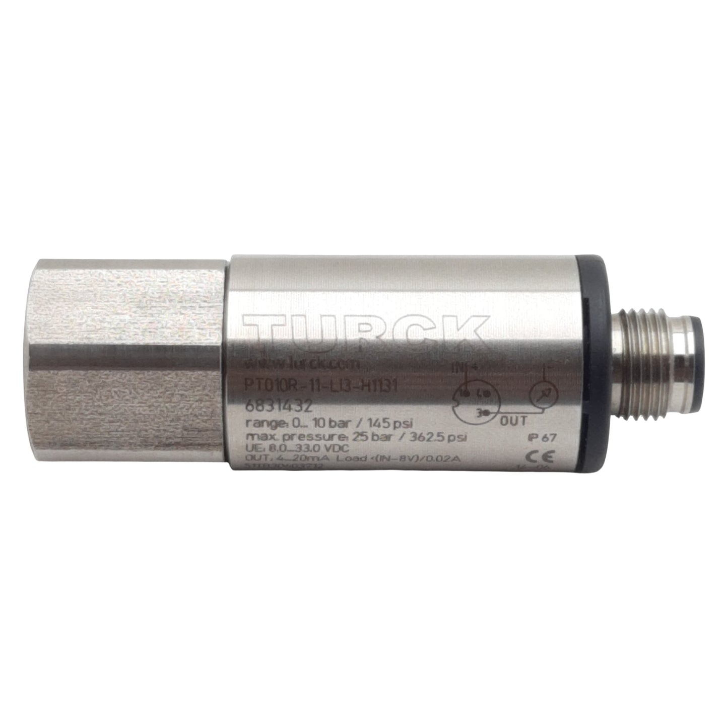 Used Turck PT010R-11-LI3-H1131 Pressure Transmitter, 4-20mA Out, 0-10bar, 3-Pin M12