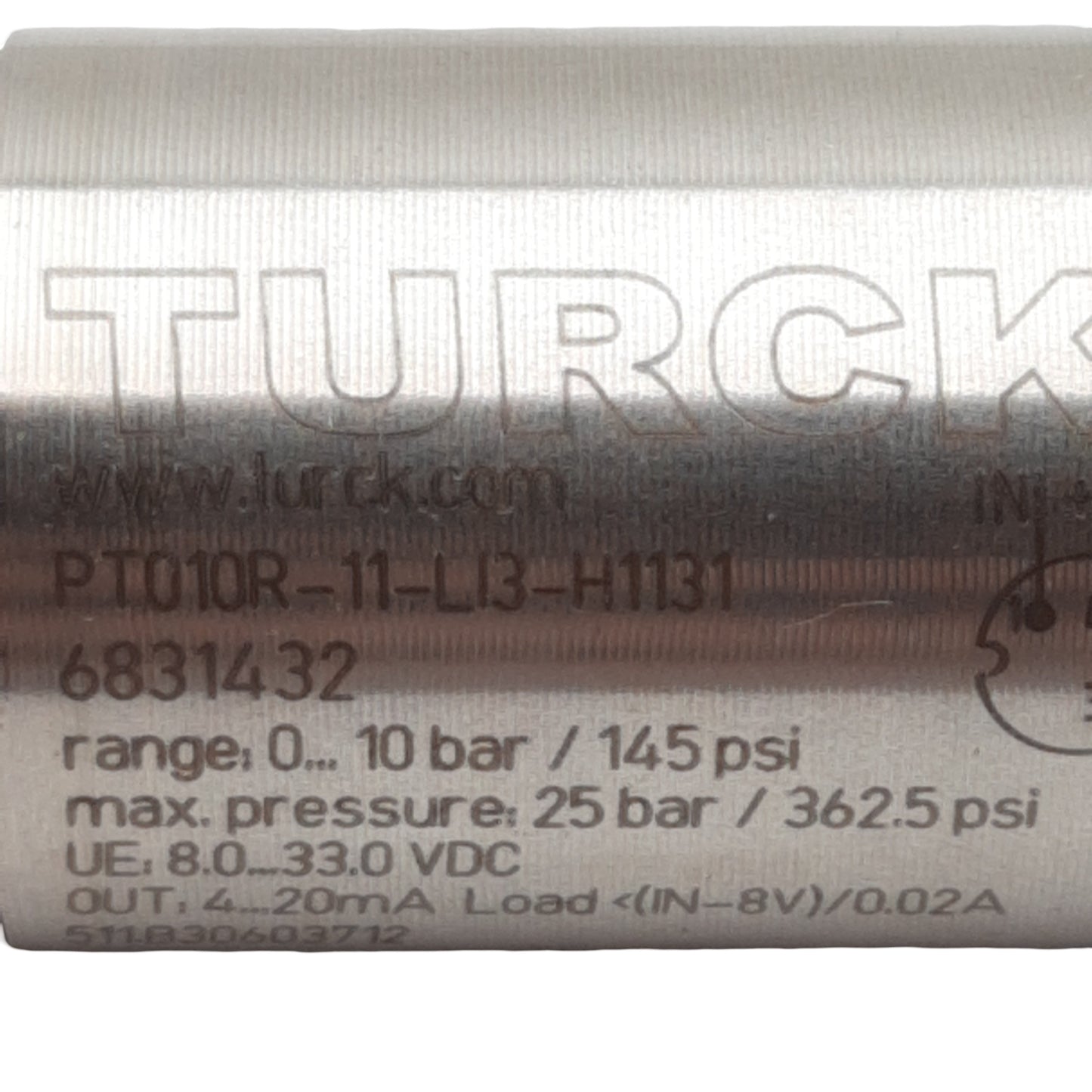 Used Turck PT010R-11-LI3-H1131 Pressure Transmitter, 4-20mA Out, 0-10bar, 3-Pin M12