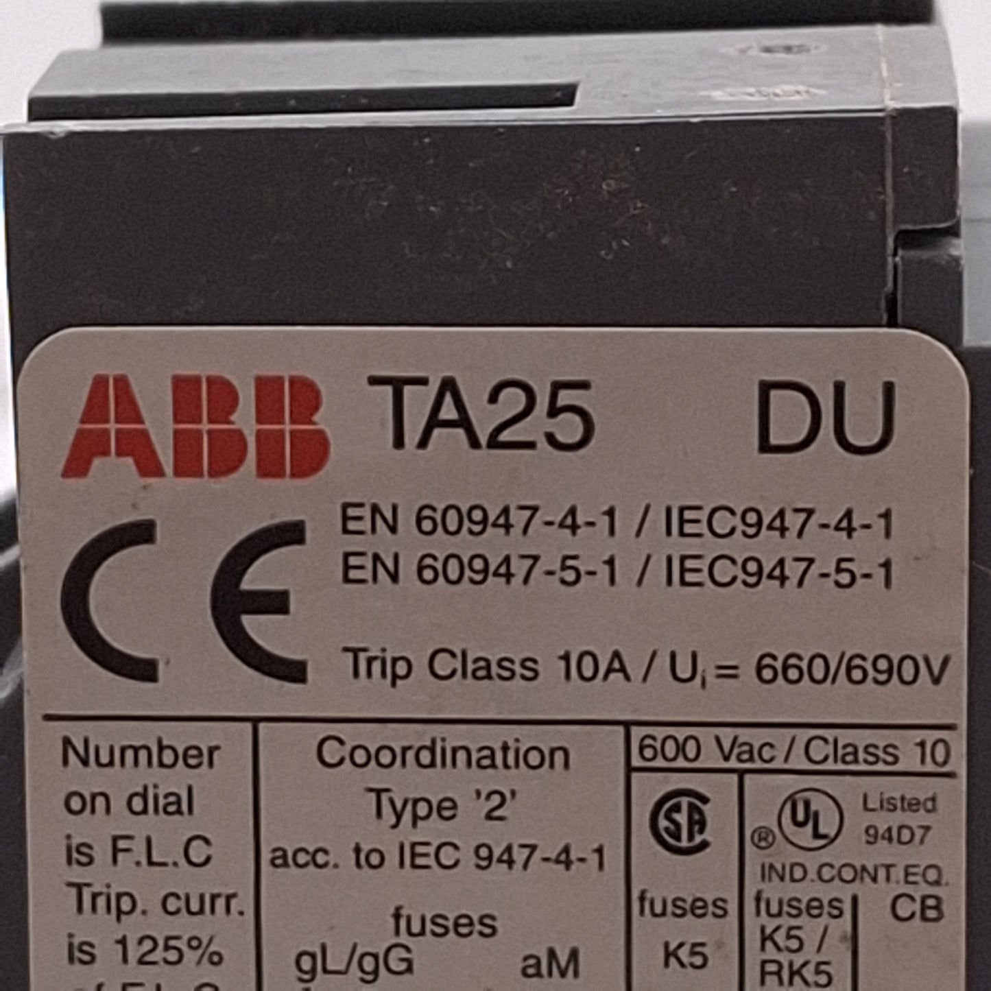 Used ABB TA25DU-8.5M Thermal Overload Relay, 3-Pole, 1NC + 1NO Aux, 6-8.5A, 600VAC