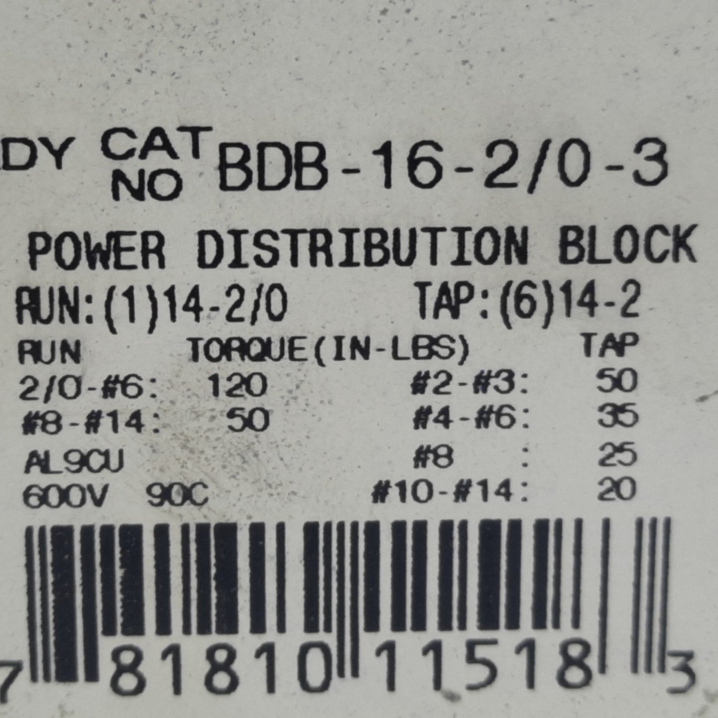 Used Burndy BDB-16-2/0-3 Power Distribution Block, 3-Pole, Run 2/0-12 AWG, 195A 600V