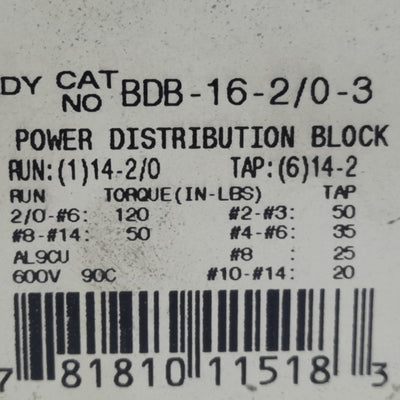Used Burndy BDB-16-2/0-3 Power Distribution Block, 3-Pole, Run 2/0-12 AWG, 195A 600V