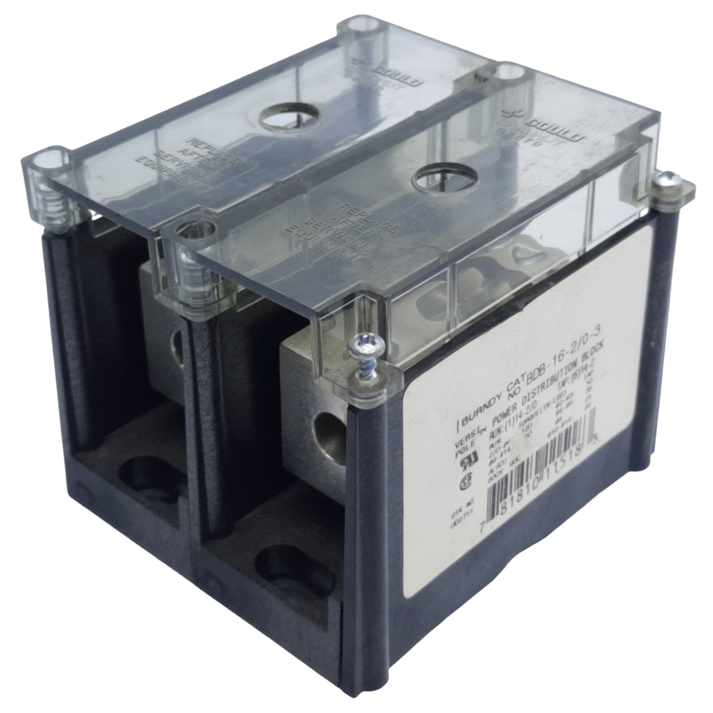 Used Burndy BDB-16-2/0-3 Power Distribution Block, 3-Pole, Run 2/0-12 AWG, 195A 600V