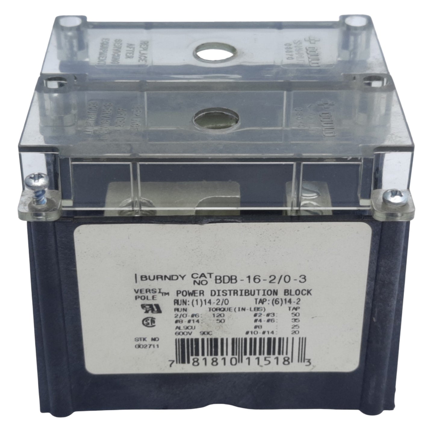 Used Burndy BDB-16-2/0-3 Power Distribution Block, 3-Pole, Run 2/0-12 AWG, 195A 600V