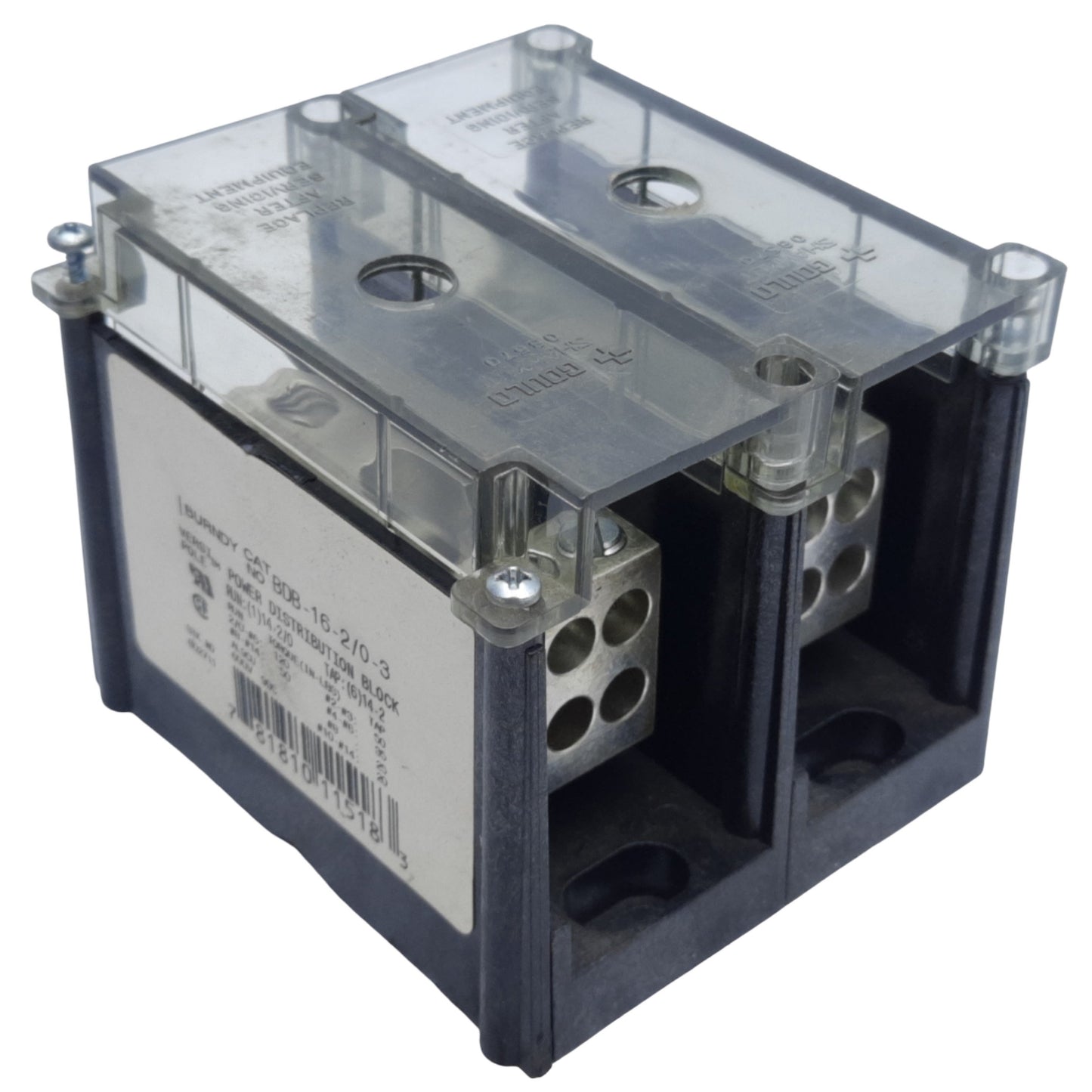 Used Burndy BDB-16-2/0-3 Power Distribution Block, 3-Pole, Run 2/0-12 AWG, 195A 600V