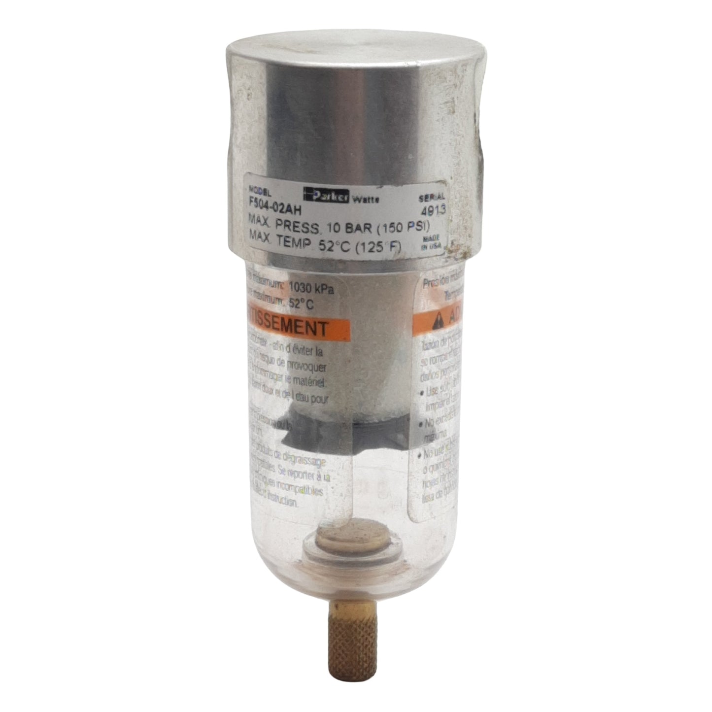 Used Parker Watts F504-02AH Mini Pneumatic Filter, 1/4in NPT, 10bar, 20µm, 22scfm