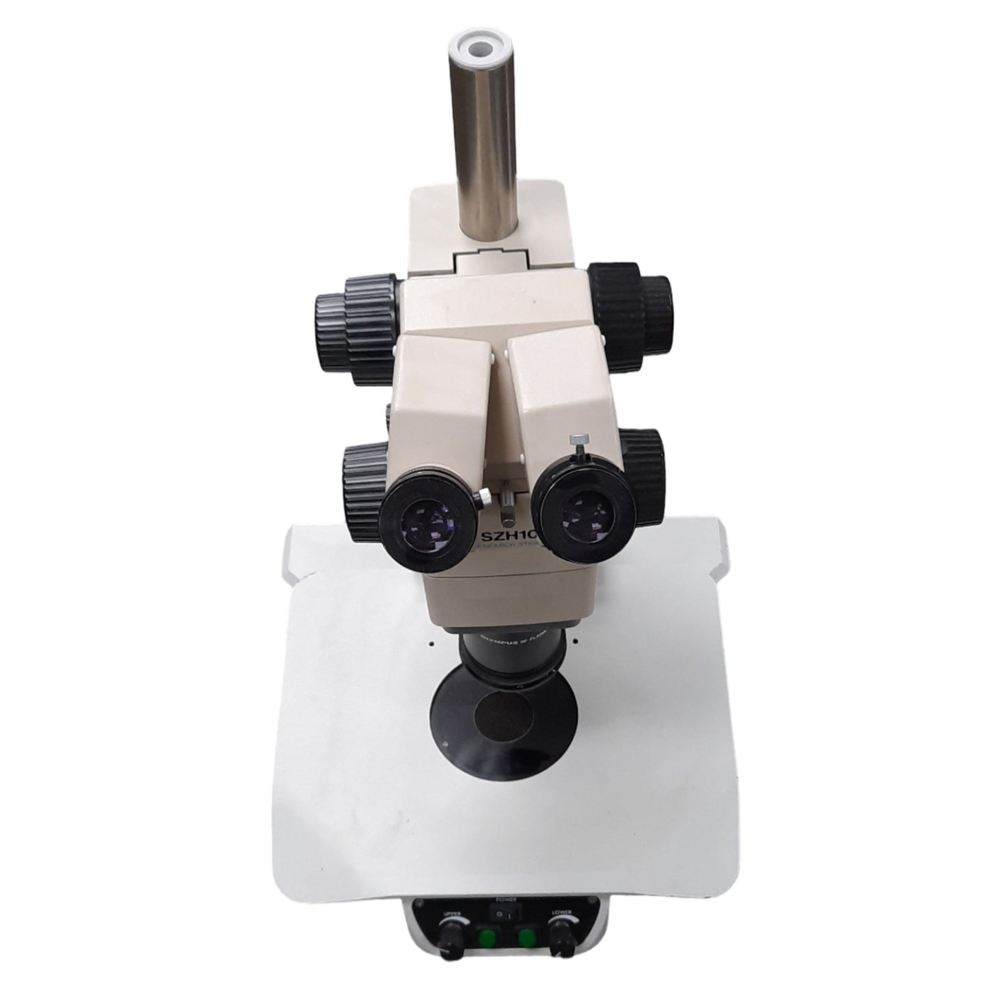 Used Olympus SZH10 Stereo Microscope With Leeds Base, 0.7x to 7x Mag, 120-240VAC
