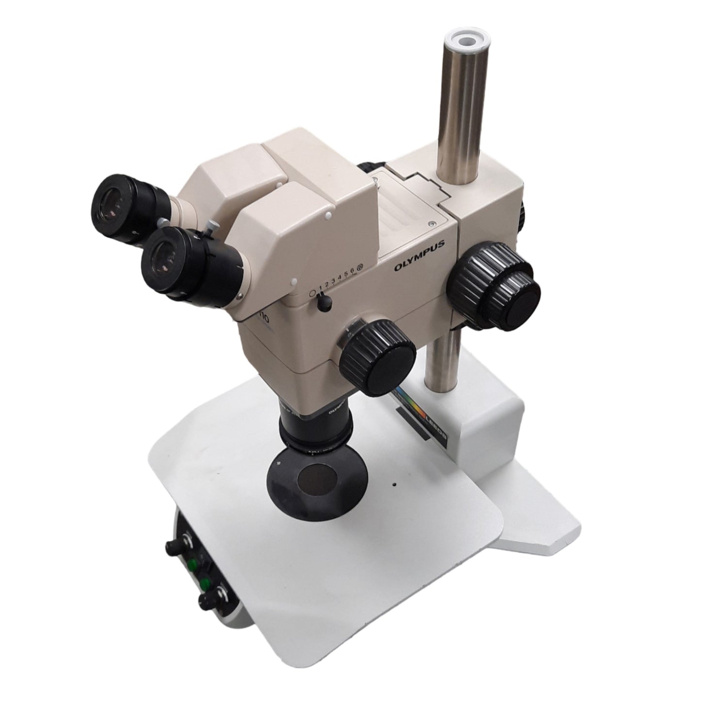 Used Olympus SZH10 Stereo Microscope With Leeds Base, 0.7x to 7x Mag, 120-240VAC