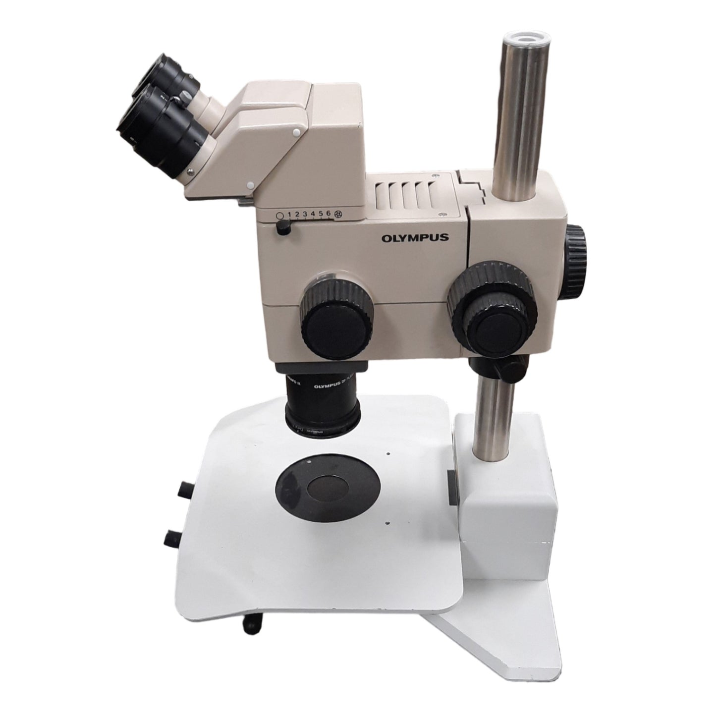 Used Olympus SZH10 Stereo Microscope With Leeds Base, 0.7x to 7x Mag, 120-240VAC