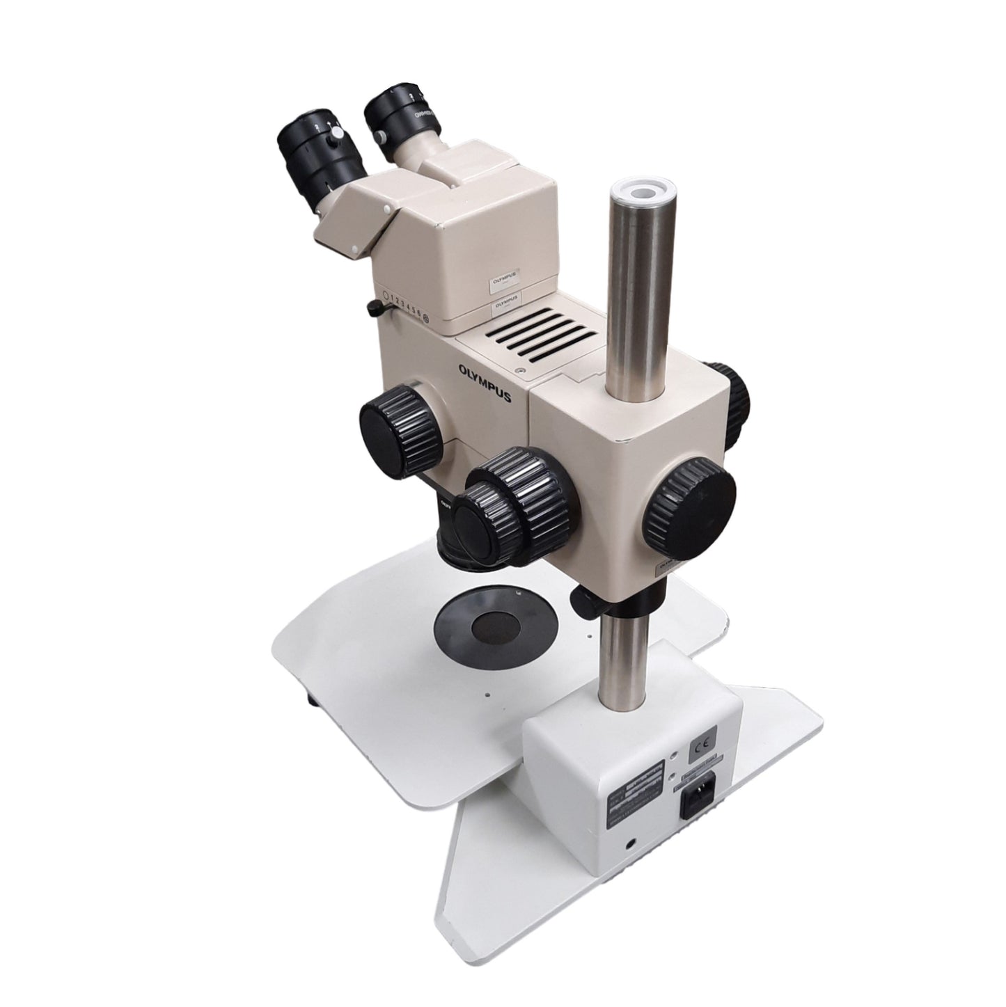 Used Olympus SZH10 Stereo Microscope With Leeds Base, 0.7x to 7x Mag, 120-240VAC