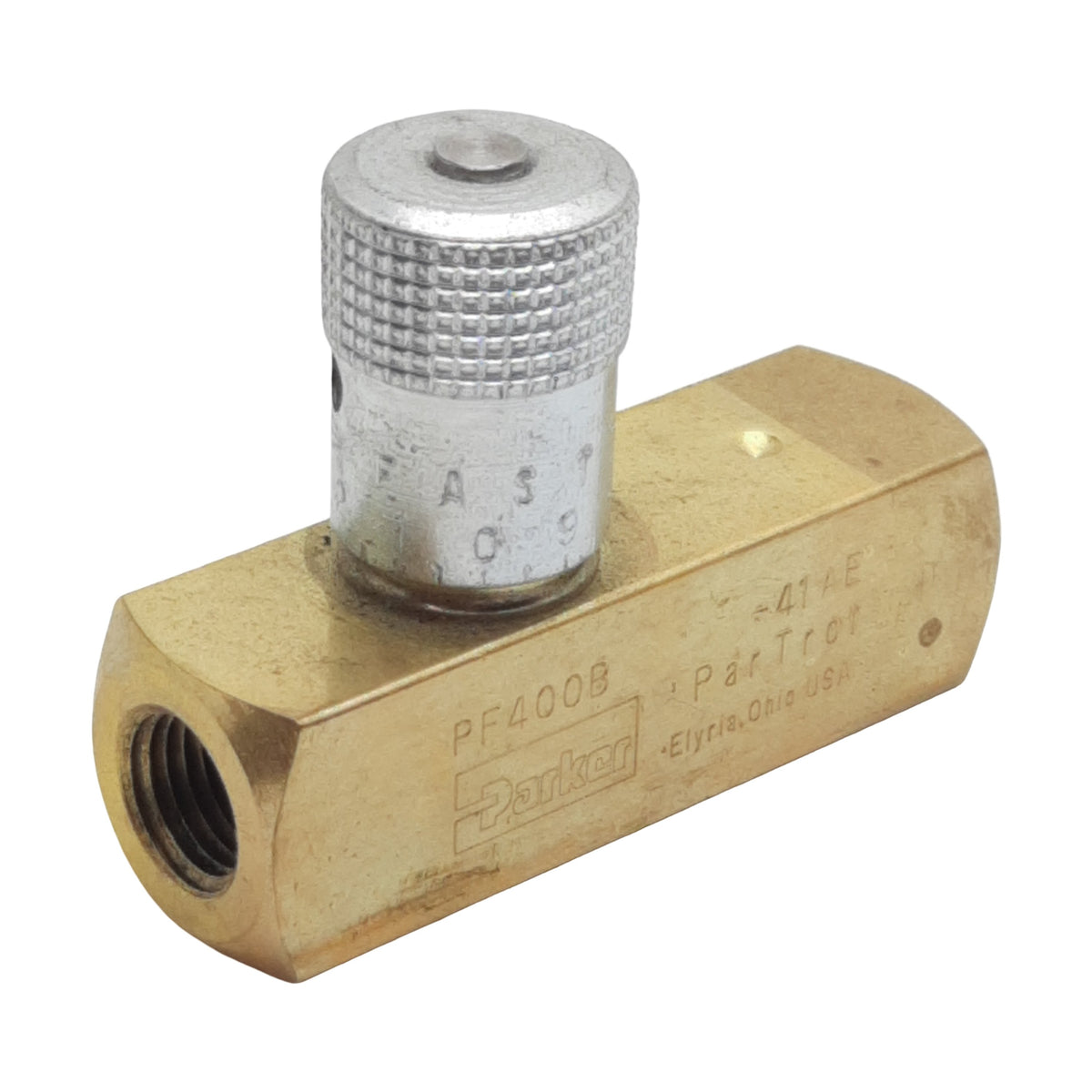 Used Parker PF400B In-Line Needle Valve, 1/4in NPT Female, 2000psi Max, 5gal/min