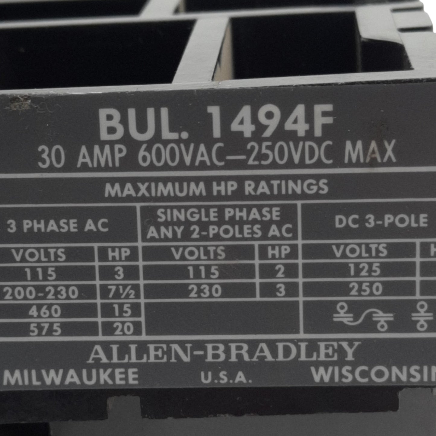 Used Allen Bradley 1494F-D30 Disconnect Switch 3-Pole, 3-Phase 600VAC-250VDC, 30A