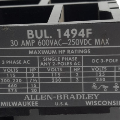 Used Allen Bradley 1494F-D30 Disconnect Switch 3-Pole, 3-Phase 600VAC-250VDC, 30A