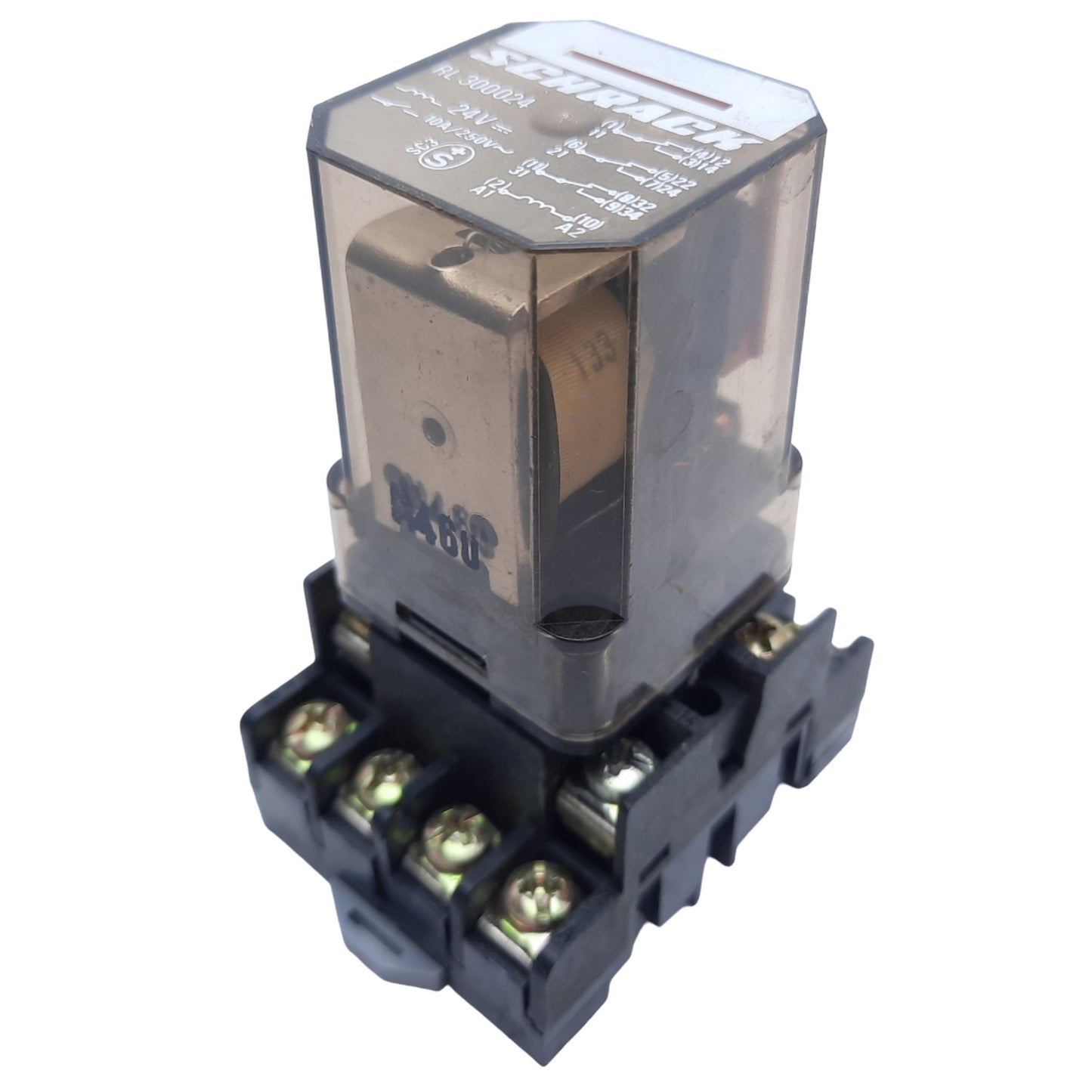 Used Schrack RL 300024 Electromagnetic Relay w/ Base, 11-Pin, 10A 250VAC, Coil 24VDC