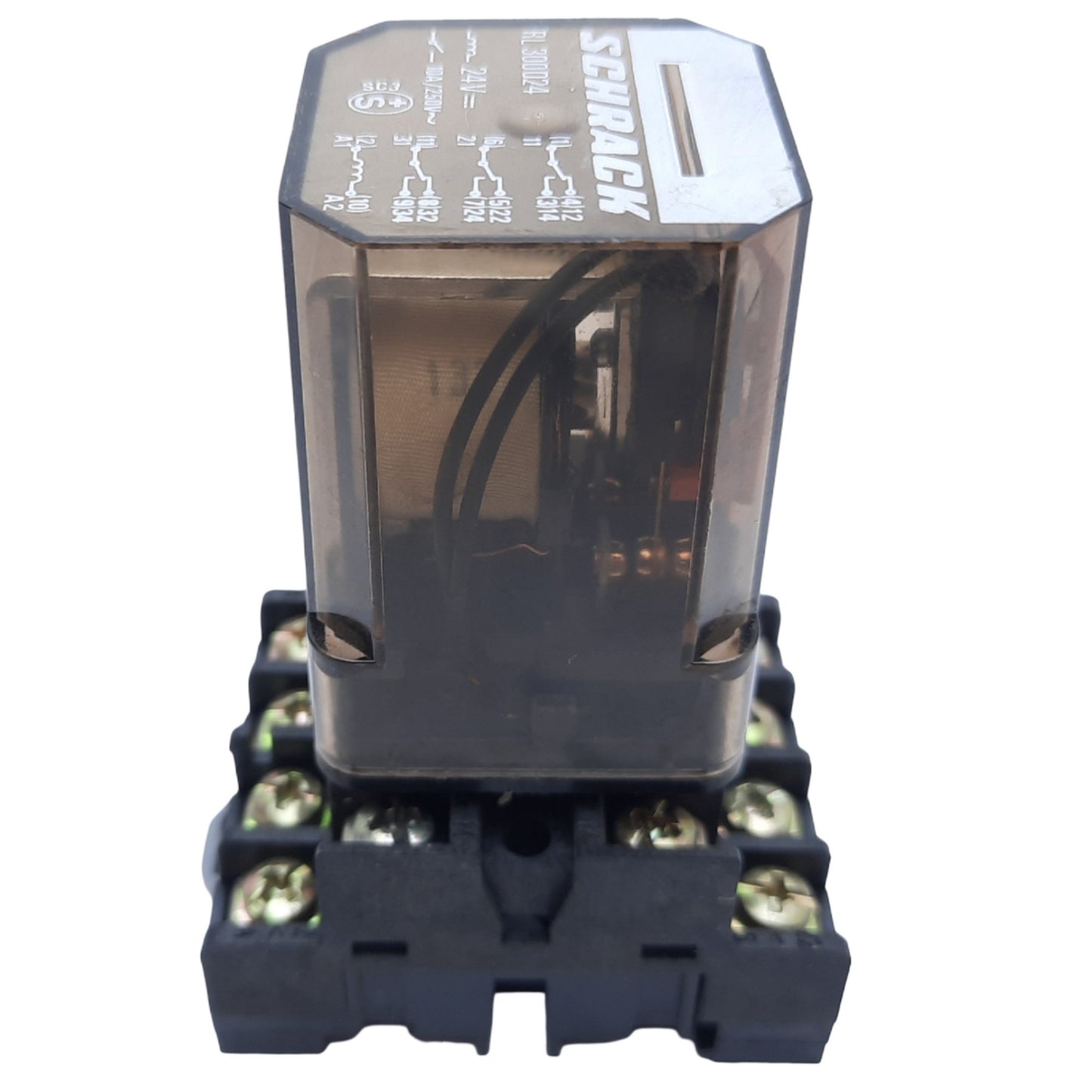 Used Schrack RL 300024 Electromagnetic Relay w/ Base, 11-Pin, 10A 250VAC, Coil 24VDC