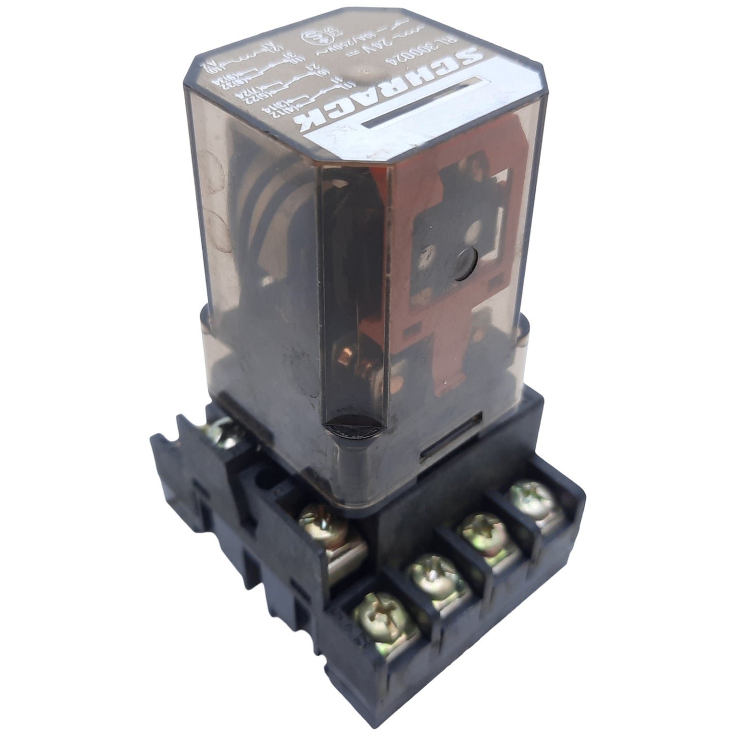 Used Schrack RL 300024 Electromagnetic Relay w/ Base, 11-Pin, 10A 250VAC, Coil 24VDC