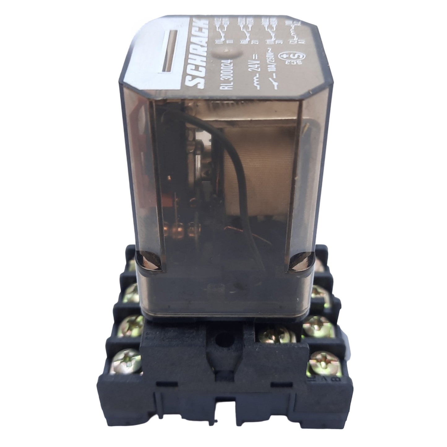 Used Schrack RL 300024 Electromagnetic Relay w/ Base, 11-Pin, 10A 250VAC, Coil 24VDC