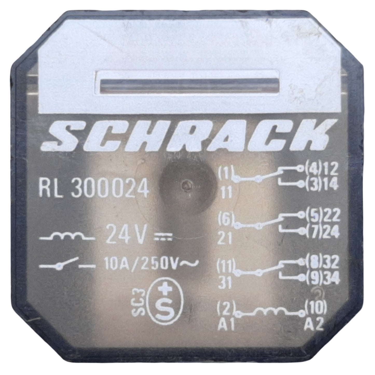 Used Schrack RL 300024 Electromagnetic Relay w/ Base, 11-Pin, 10A 250VAC, Coil 24VDC
