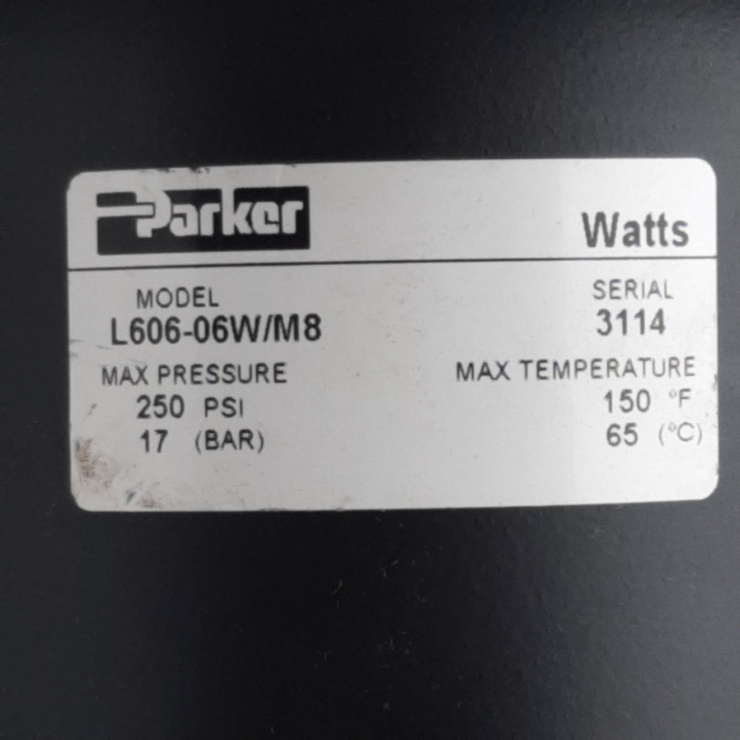 Used Parker Watts L606-06W/M8 Standard Lubricator, 3/4in NPT, 250psi, 325scfm
