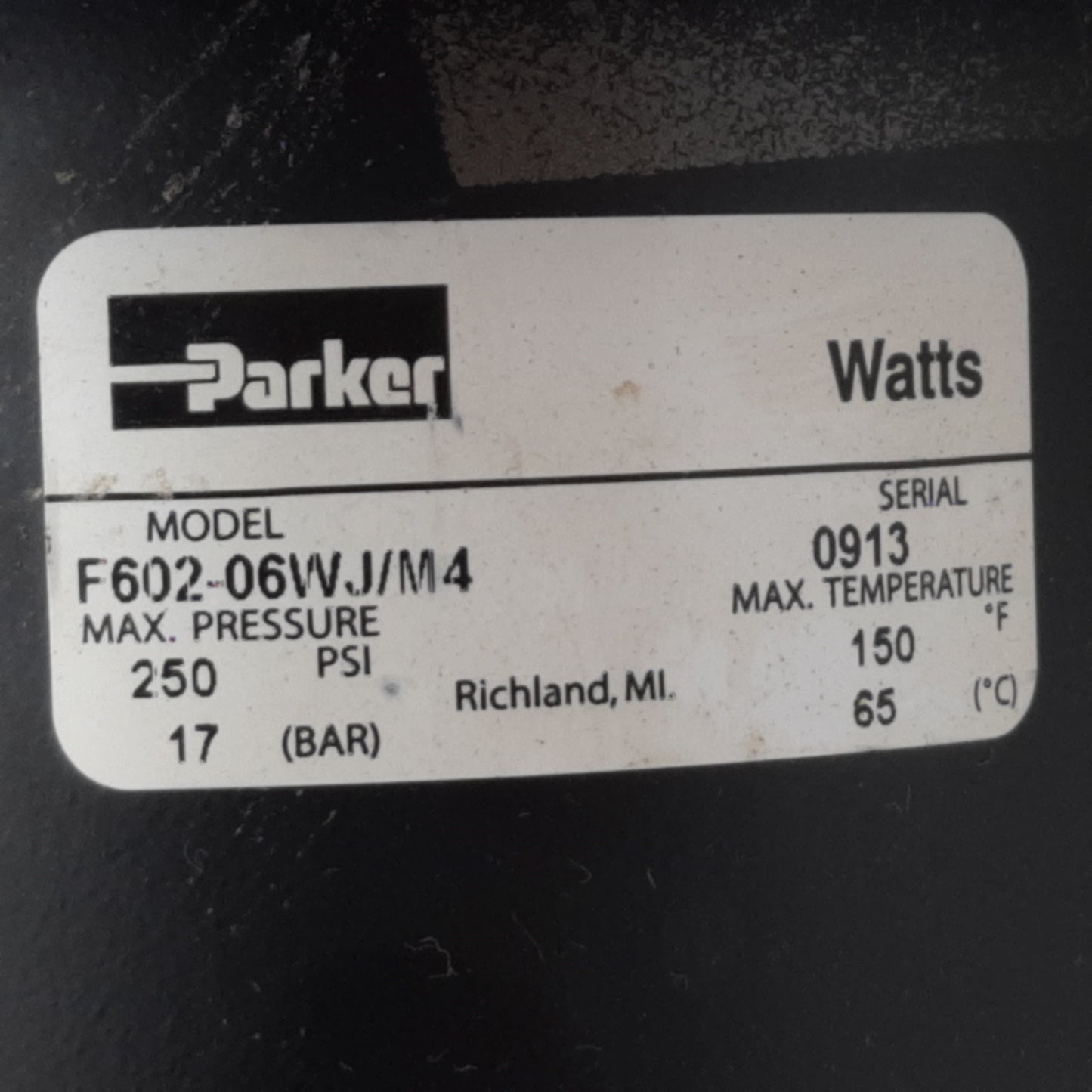 Used Parker F602-06WJ/M4 Hi-Flow Pneumatic Filter, 3/4in NPT, 250psi, 270scfm, 40µm