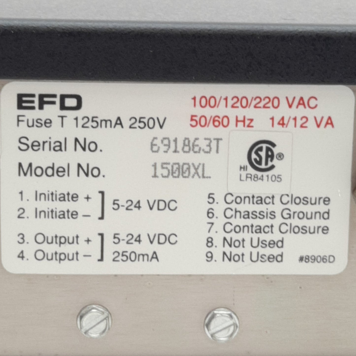 Used EFD 1500XL Fluid Dispenser, 80-100psi In, 0-100psi Out, 100/120/200VAC, 14VA Max