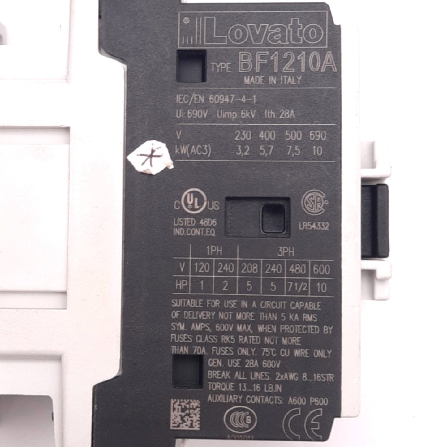 Used Lovato BF1210A Contactor, 3-Pole + 1NO Aux, 600V 28A Max, 220/230VAC Coil