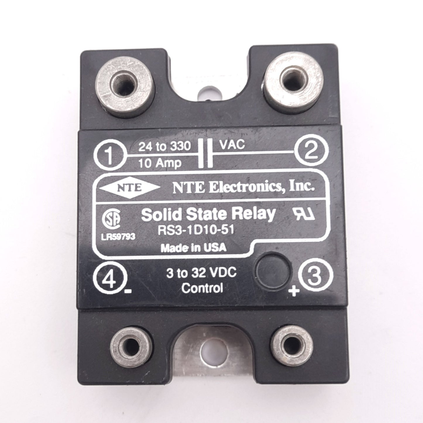 Used NTE Electronics RS3-1D10-51 Solid State Relay, 330VAC 10A Max, 3-32VDC Control