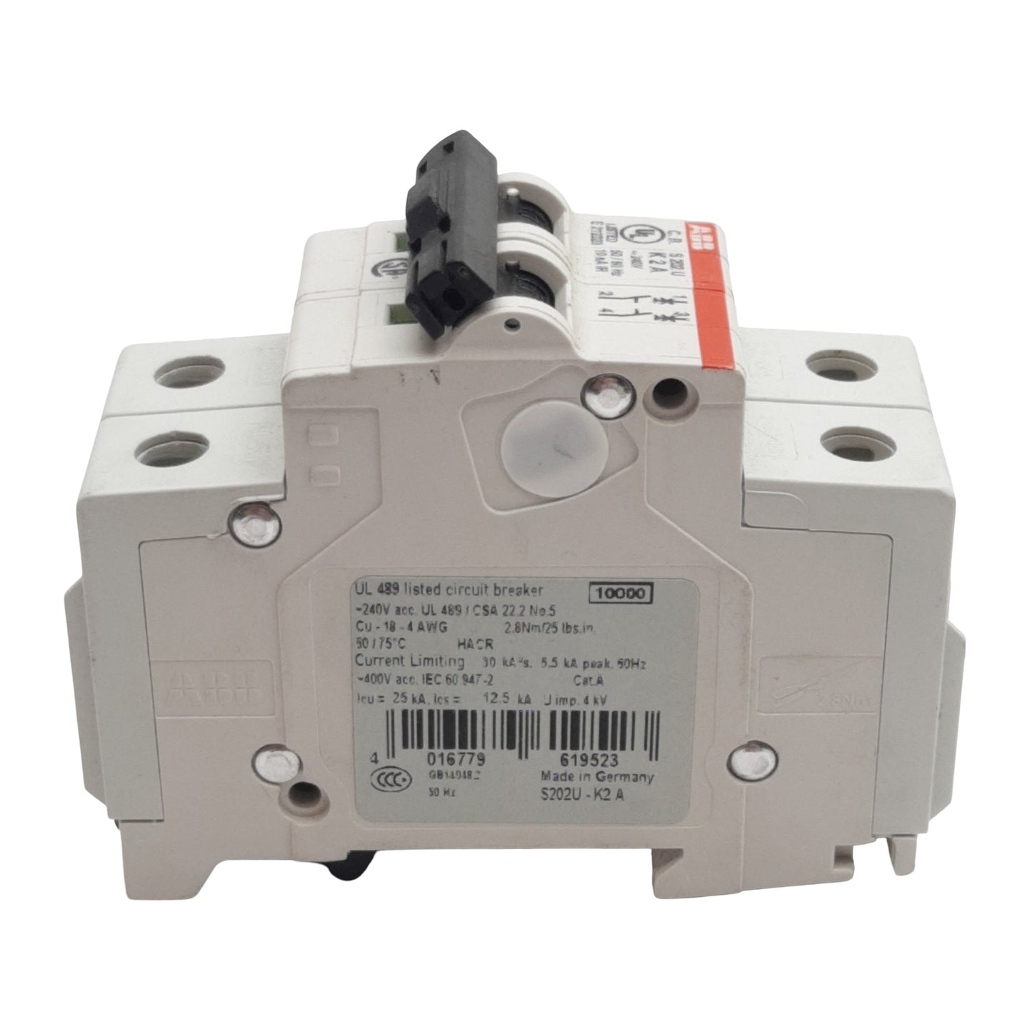 Used ABB S202U-K2A Circuit Breaker, 2-Poles, 2A 240VAC, K-Curve, DIN Rail Mount