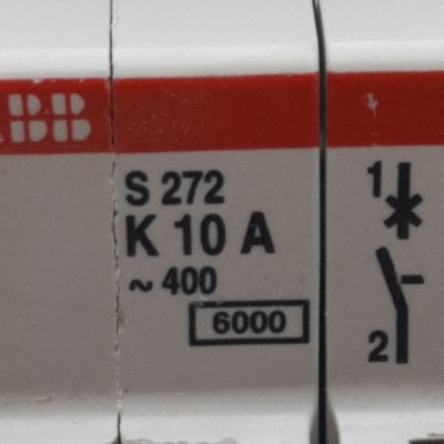 Used ABB S272-K10A Circuit Breaker, 2-Poles, 10A 400VAC, K-Curve, DIN Rail Mount