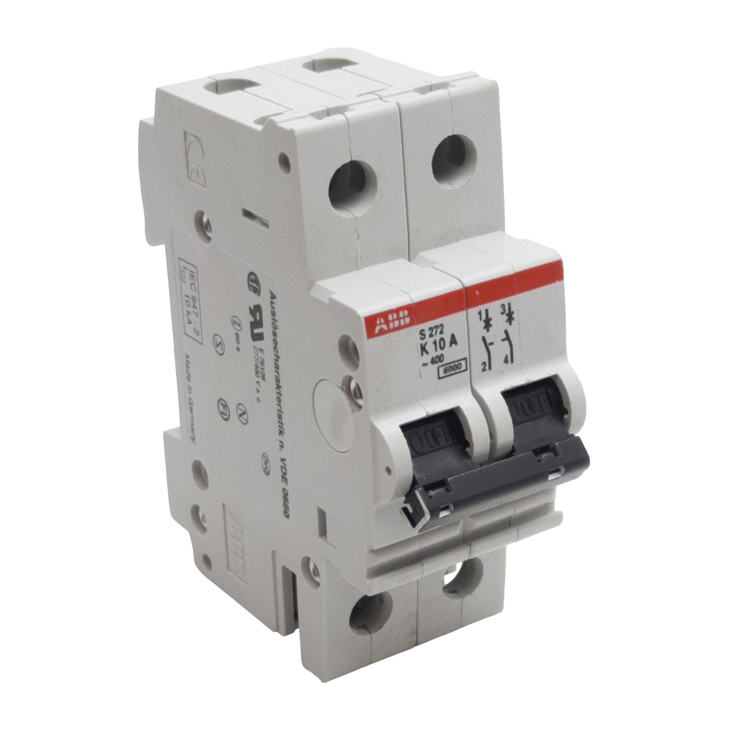 Used ABB S272-K10A Circuit Breaker, 2-Poles, 10A 400VAC, K-Curve, DIN Rail Mount