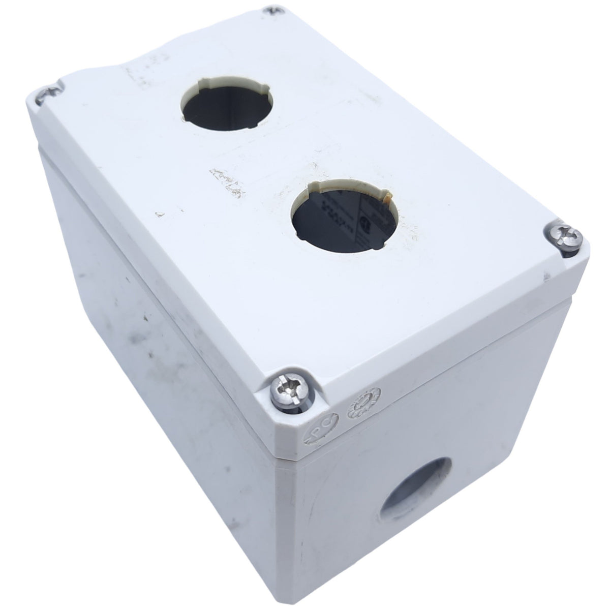 Used Hoffman Q-2PBPCDM Pushbutton Box Enclosure, Outer Dim. 120mm x 80mm *Hole Added*