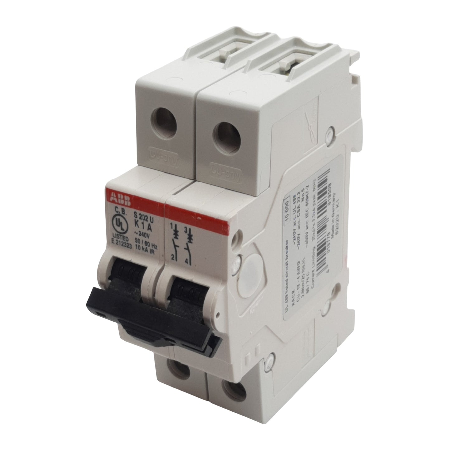 Used ABB S202U-K1 Circuit Breaker, 2-Poles, 1A 240VAC, K-Curve, DIN Rail Mount