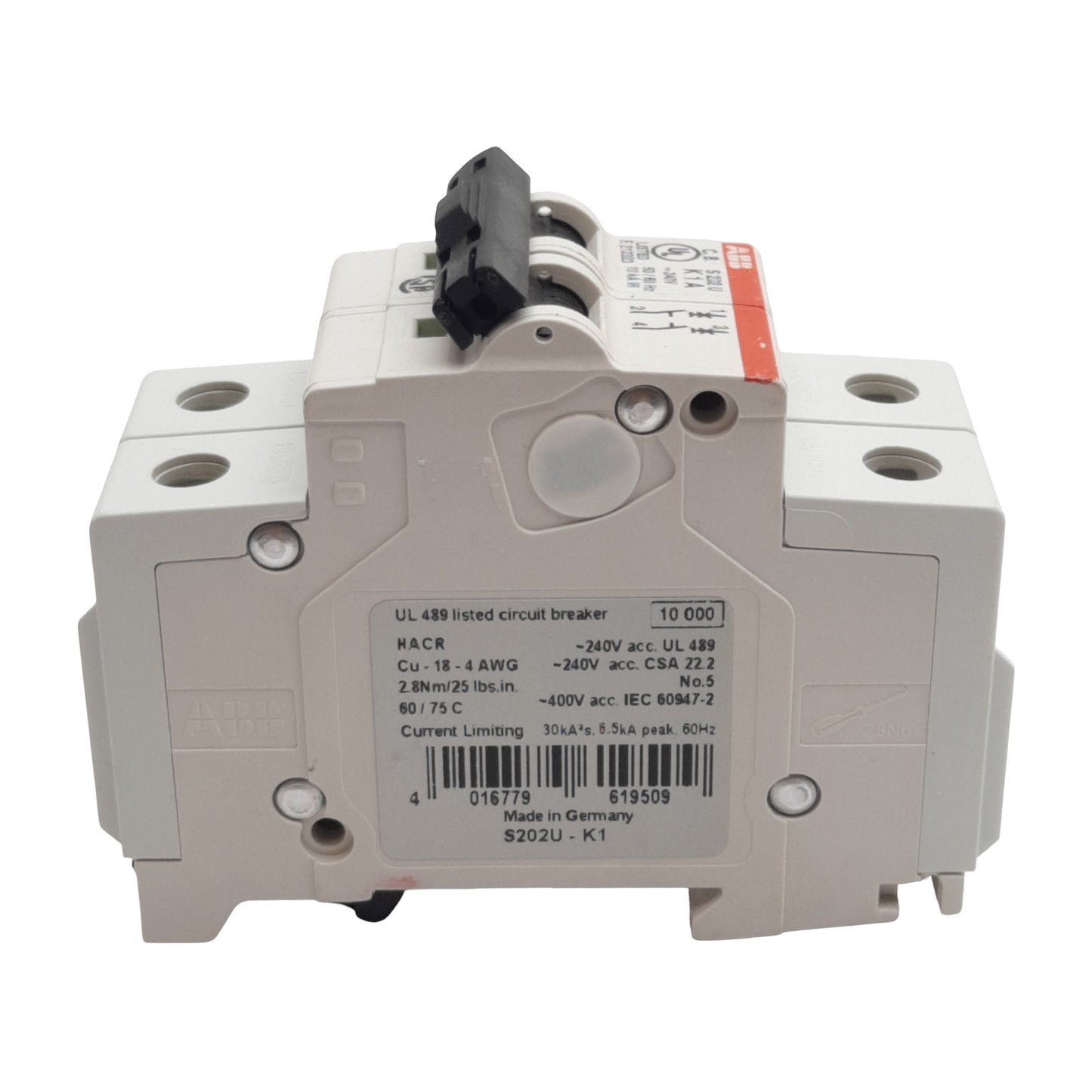 Used ABB S202U-K1 Circuit Breaker, 2-Poles, 1A 240VAC, K-Curve, DIN Rail Mount