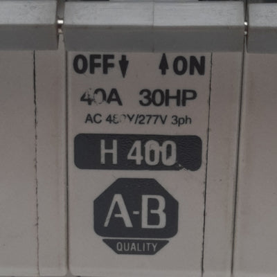 Used Allen Bradley 1492-CB3H400 Circuit Breaker, 3-Pole, 3-PH, 40A 480Y/277VAC 65VDC