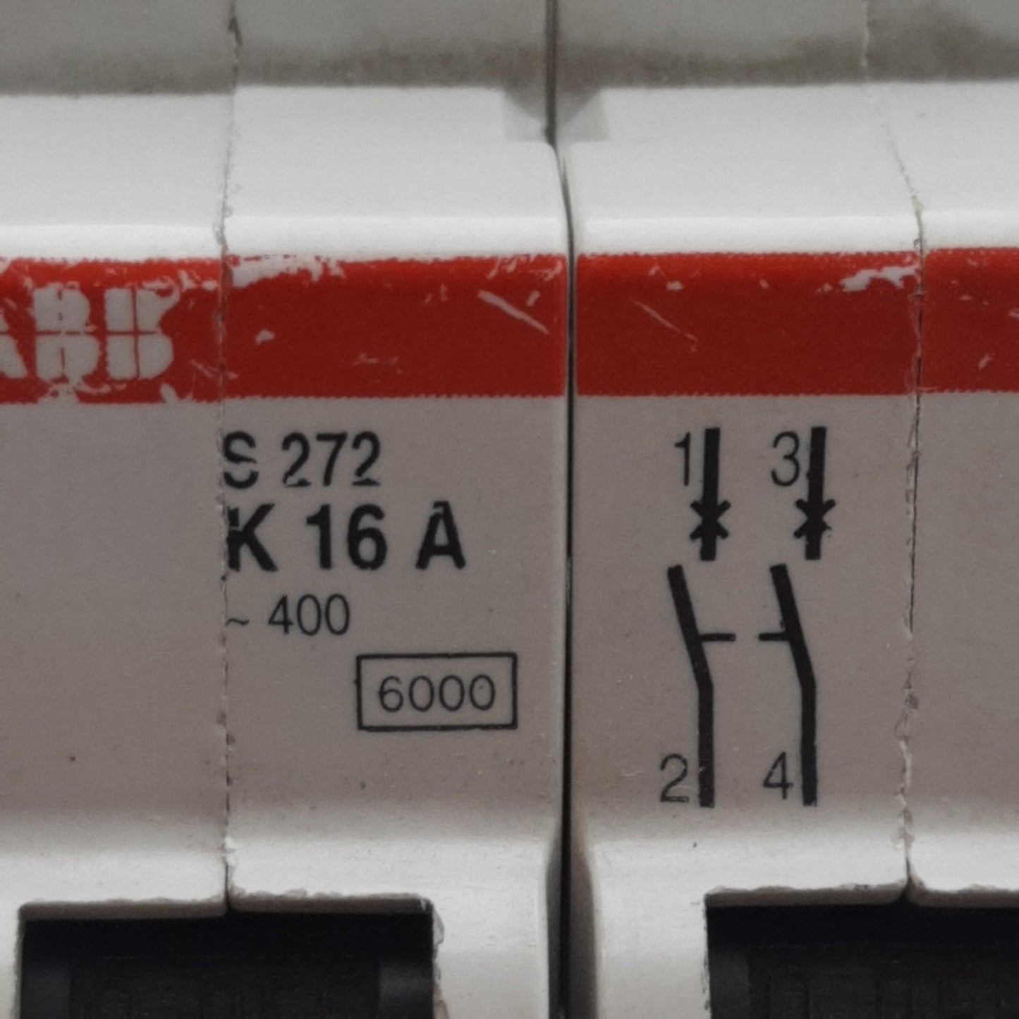 Used ABB S272-K16A Circuit Breaker, 2-Poles, 16A 277/480VAC, K-Curve, DIN Rail