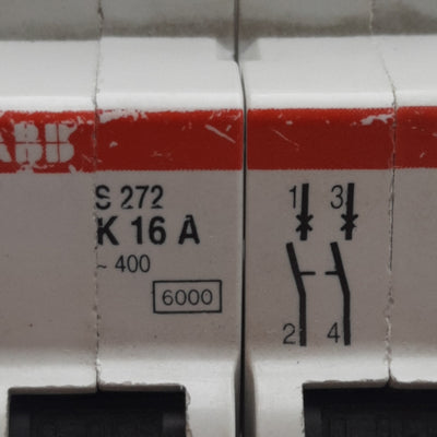 Used ABB S272-K16A Circuit Breaker, 2-Poles, 16A 277/480VAC, K-Curve, DIN Rail