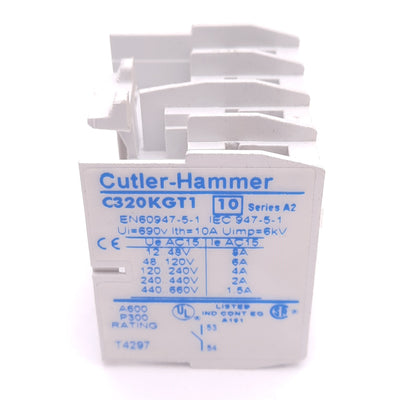 Used Cutler-Hammer C320KGT1 NEMA Auxiliary Contact, 1N.O., 600VAC/DC 10A Max